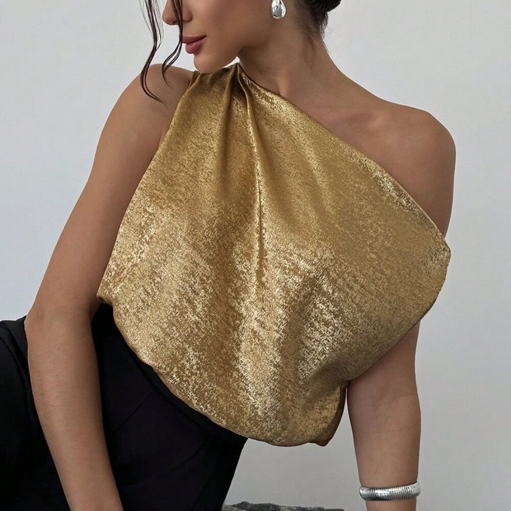 Gold Elegant Romantic Women's Asymmetric Off-Shoulder Blouse - Picture 3 of 7